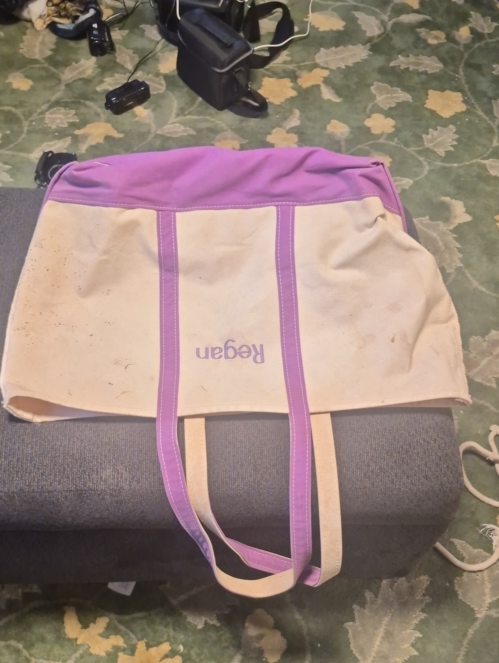 L.L. Bean Cream Canvas Tote with Purple Trim